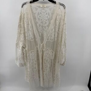 Umgee‎ USA 2XL Crochet Lace Open Front Cover Up Duster Kimono Boho Cream